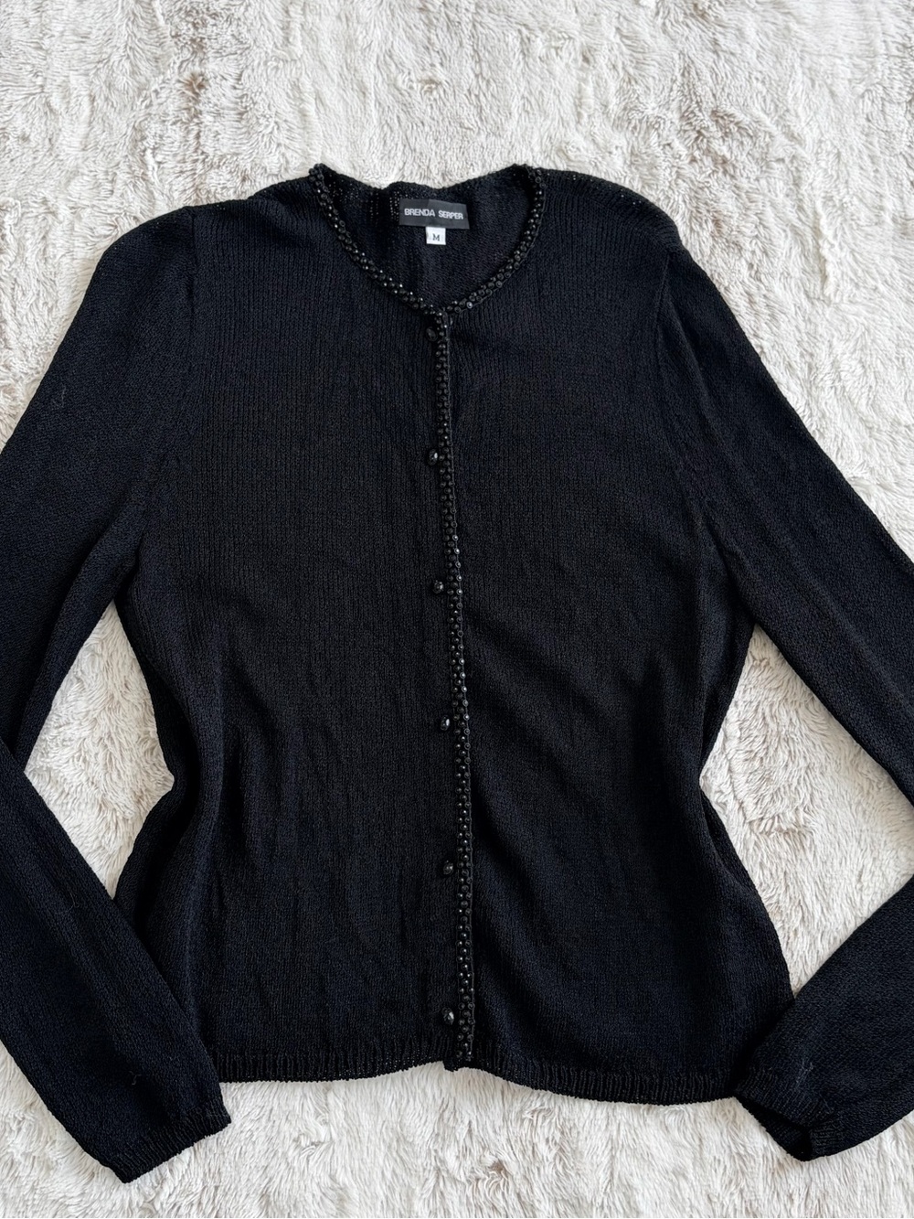 🖤 Vintage Y2K 90s Brenda Serper Black Sparkly Beaded Cardigan Whimsy Goth Office